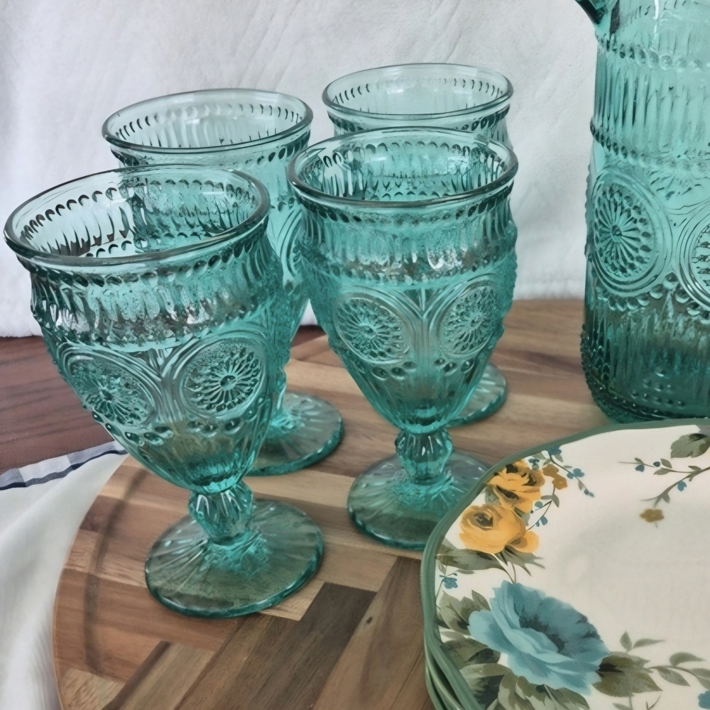 Pioneer Woman Adeline Collection Teal Goblet Glasses